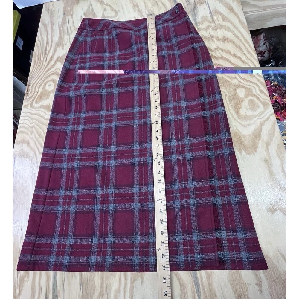 Eddie Bauer Plaid Wool Wrap Maxi Skirt Size 8 Maroon Fringe Academia Preppy - Picture 11 of 13
